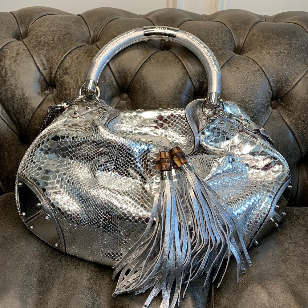 GUCCI Python Large Indy Top Handle Hobo Silver